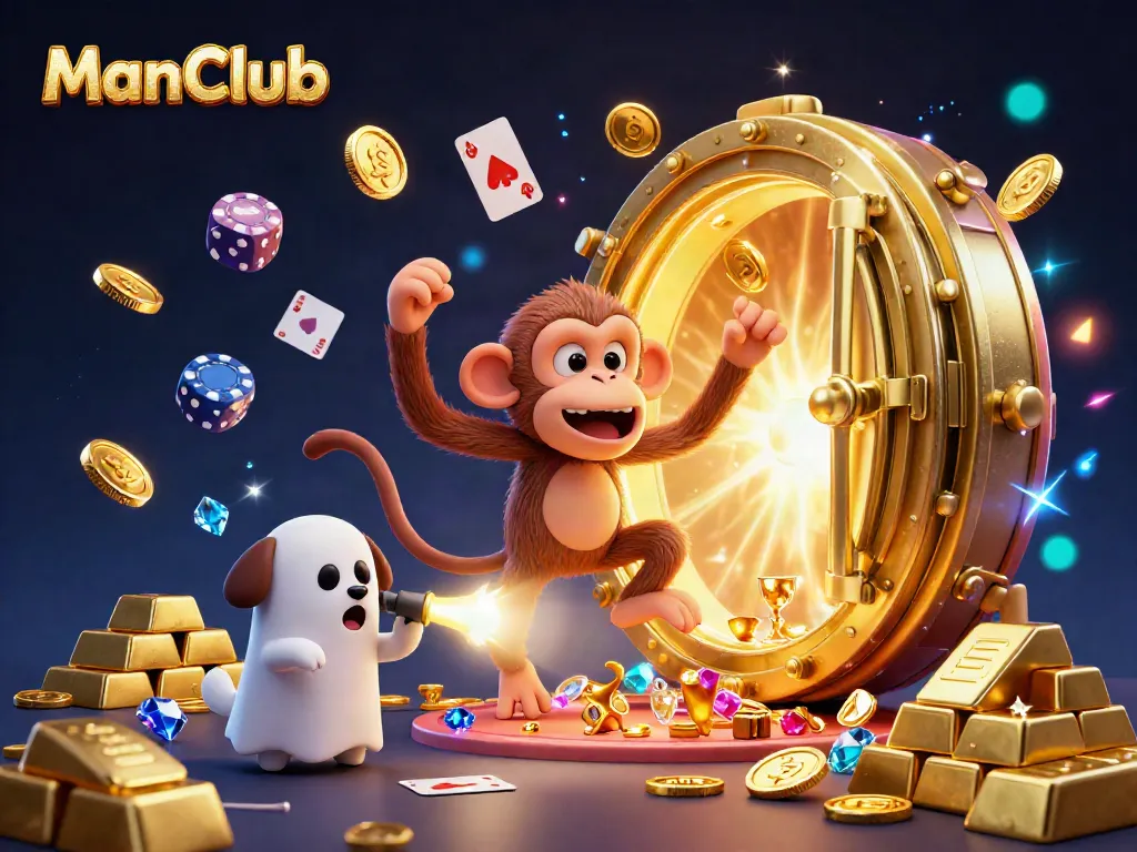 Engage in exciting gaming at ManClub with a ghostly monkey and curious puppy amidst a vibrant casino.