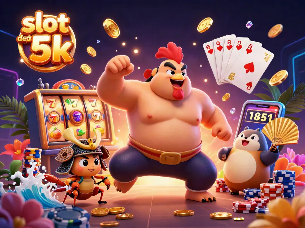 Engage with exciting slot deposit 5k themed illustration featuring colorful characters and casino elements.