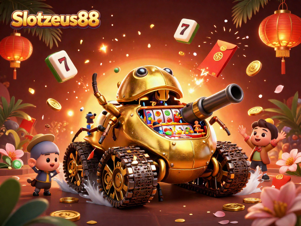 Experience Slotzeus88's vibrant miniature casino scene featuring festive slot reels and animated golden elements.