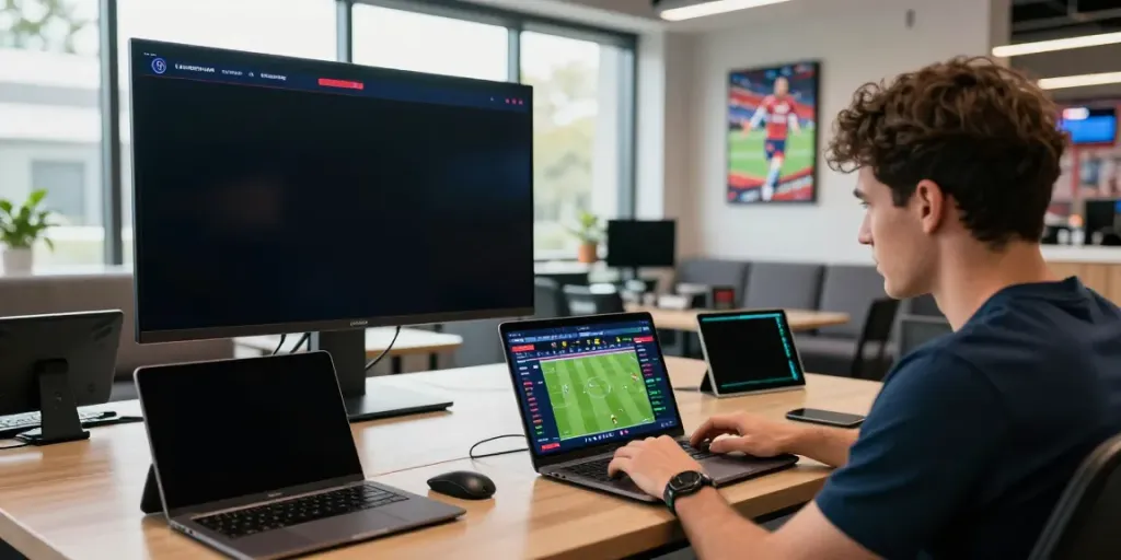 Engaged bettor analyzing WWBOLA sports betting odds on a laptop in a dynamic gaming lounge