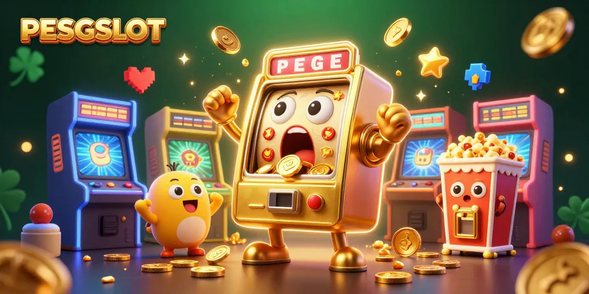 PESGSLOT celebrates wins with a golden slot machine and cheerful characters in an energetic casino scene.