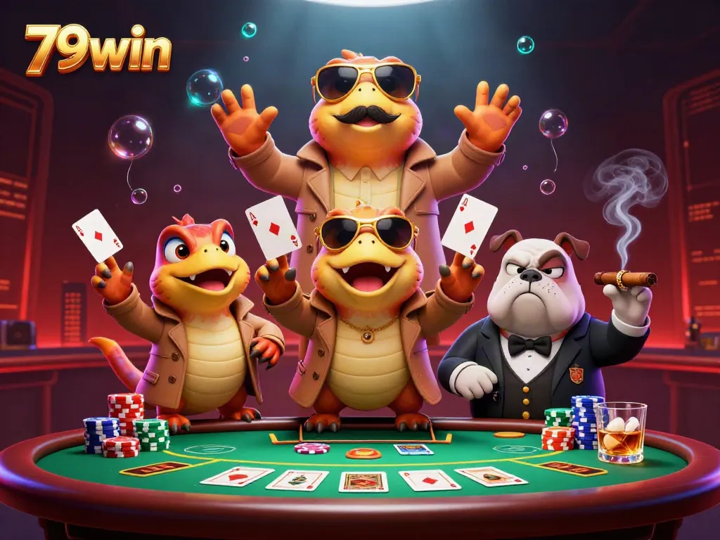 Experience the excitement of 79win at a VIP casino lounge with cartoon raptors showcasing poker action.