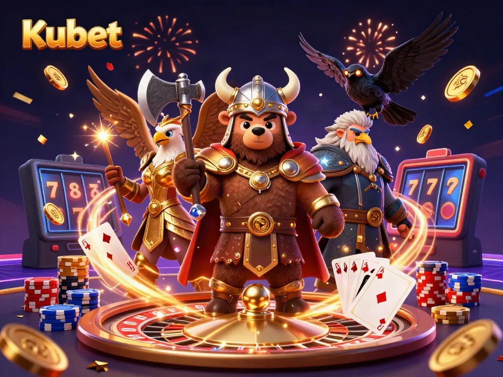 Kubet's thrilling gambling action featuring a Viking bear and Valkyrie eagle amidst cascading coins and vibrant casino elements.