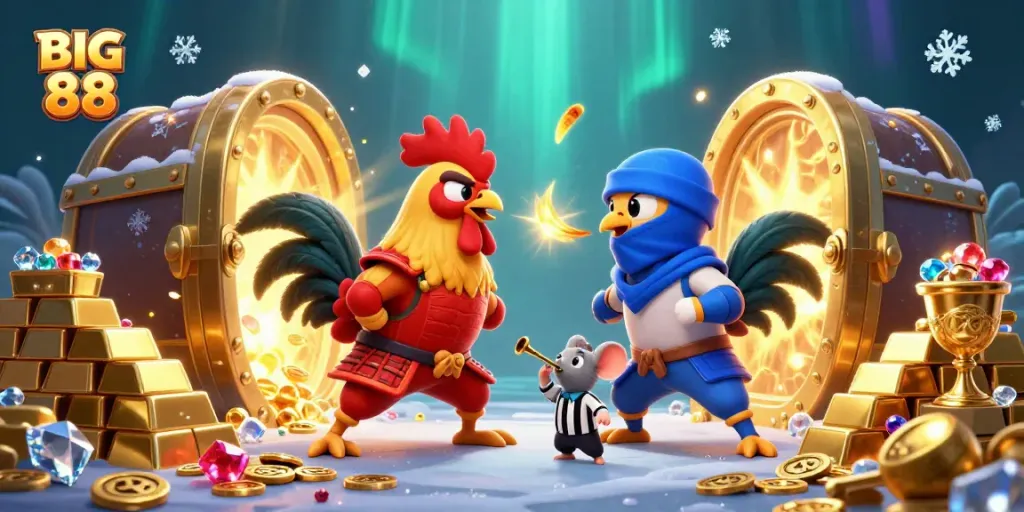Experience the thrilling showdown in BIG 88 with samurai and ninja roosters amidst treasures and gems.