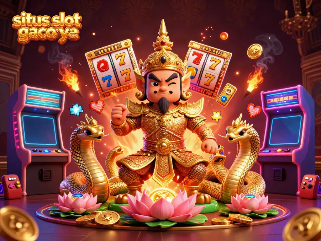 Engage with the vibrant action of situs slot gacor terpercaya featuring Thai guardian and Naga serpents amidst dynamic slot elements.