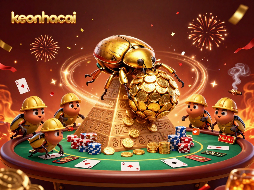 Engage in thrilling experiences at keonhacai with a vibrant 3D casino scene featuring golden beetles and poker elements.