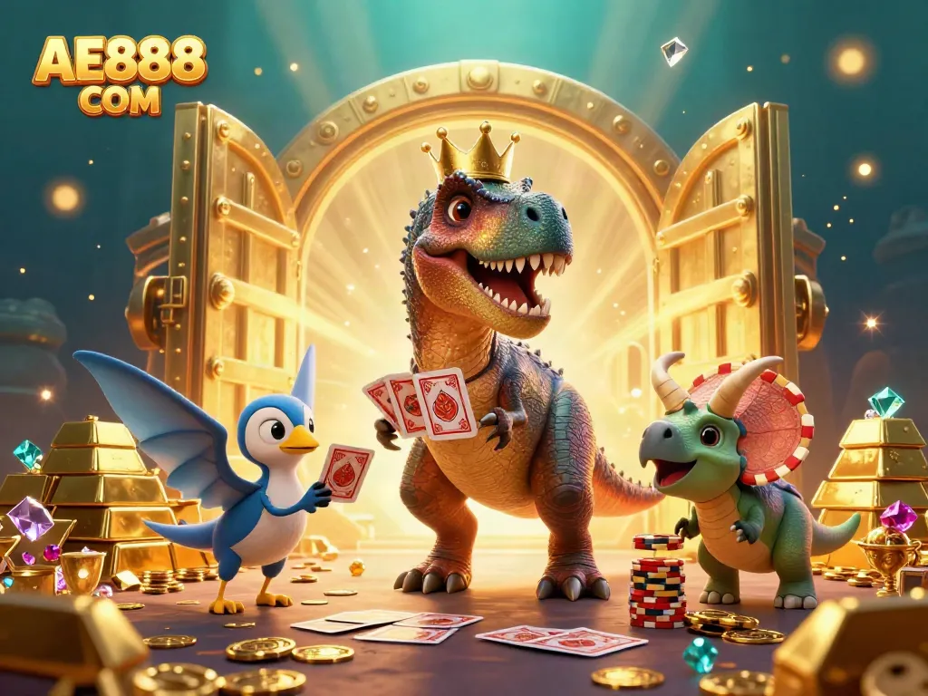 Experience thrilling gameplay with AE888 COM in an exciting 3D casino scene filled with treasure.