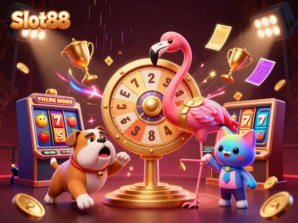 Experience the thrill of Slot88 with a dynamic casino scene showcasing colorful slot elements.