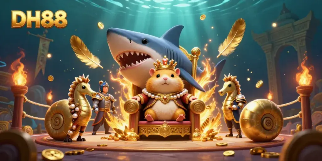 Experience DH88's vibrant world with the golden hamster king in an underwater casino setting, surrounded by gaming elements.