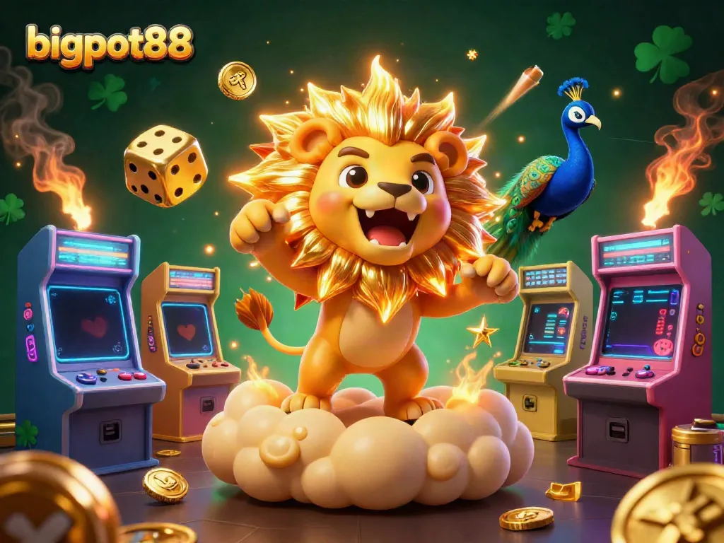 Experience thrilling wins at bigpot88 with colorful game elements and vibrant visuals in a dynamic illustration.