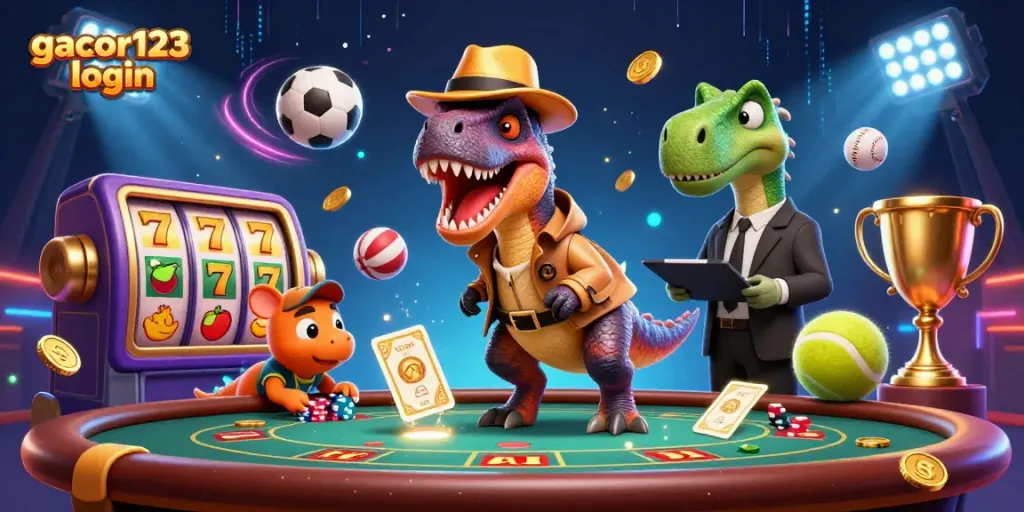 Experience the excitement at gacor123 login with a dynamic gambling scene showcasing thrilling characters.