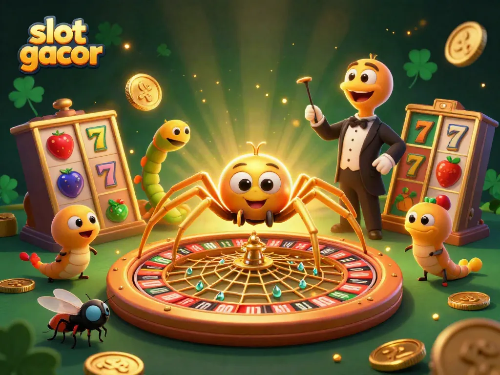 Engage with slot gacor in a vibrant 3D casino scene featuring animated characters and slot elements.