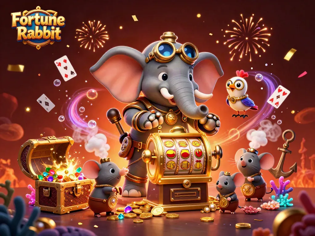 Spin the Fortune Rabbit slot machine with a steampunk elephant engineer and magical treasures.