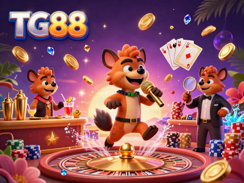 Experience the excitement at TG88 with vibrant hyenas in a lively casino atmosphere filled with sparkling gems and golden coins.