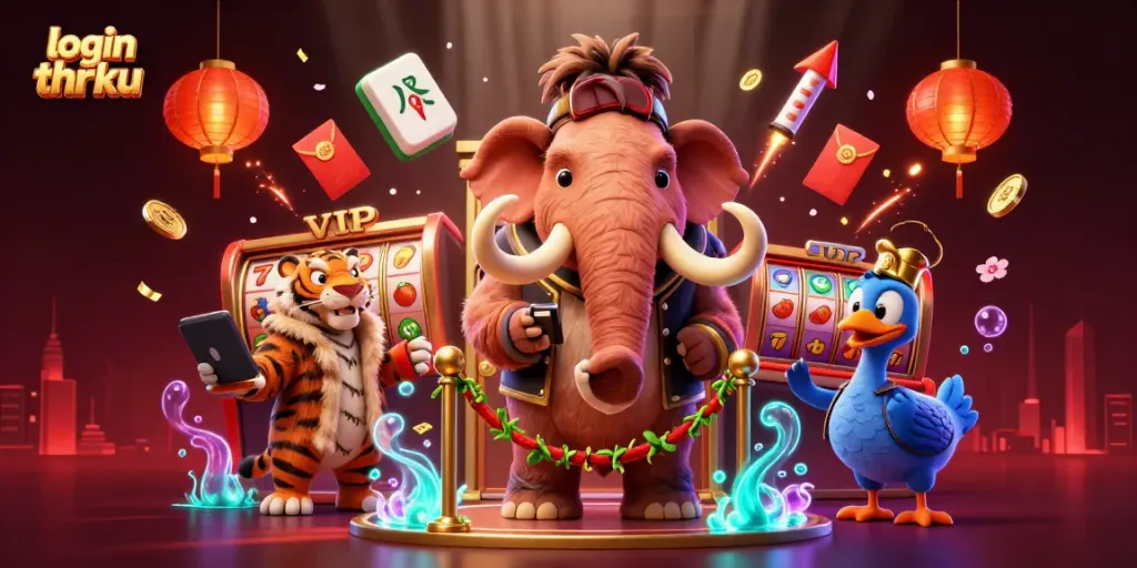 Engage with login thrku at an exciting casino entrance with vibrant characters and elements.