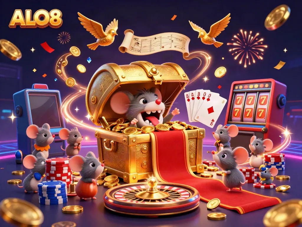 Experience the excitement of ALO8 with golden treasures and dynamic casino visuals.