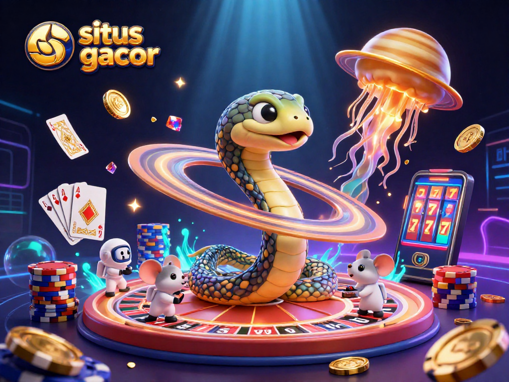 Win big at situs slot gacor with vibrant 3D illustration showcasing slot games and cosmic characters.