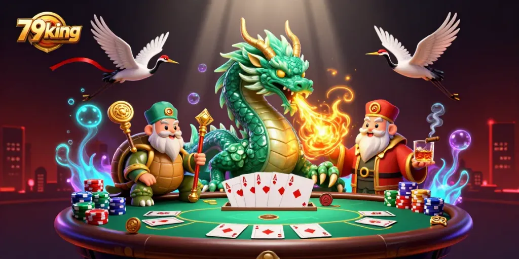 Experience thrilling action with 79king, featuring a vibrant 3D casino scene with dragons and poker.