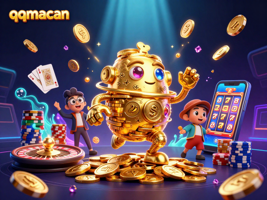 Spin the reels with qqmacan's golden golem amid vibrant casino elements and exciting game symbols.