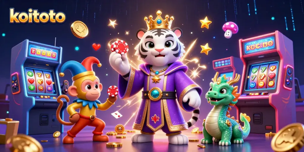 Koitoto's 3D scene showcasing a thrilling slot experience with a royal tiger, monkey, and dragon surrounded by vibrant game elements.