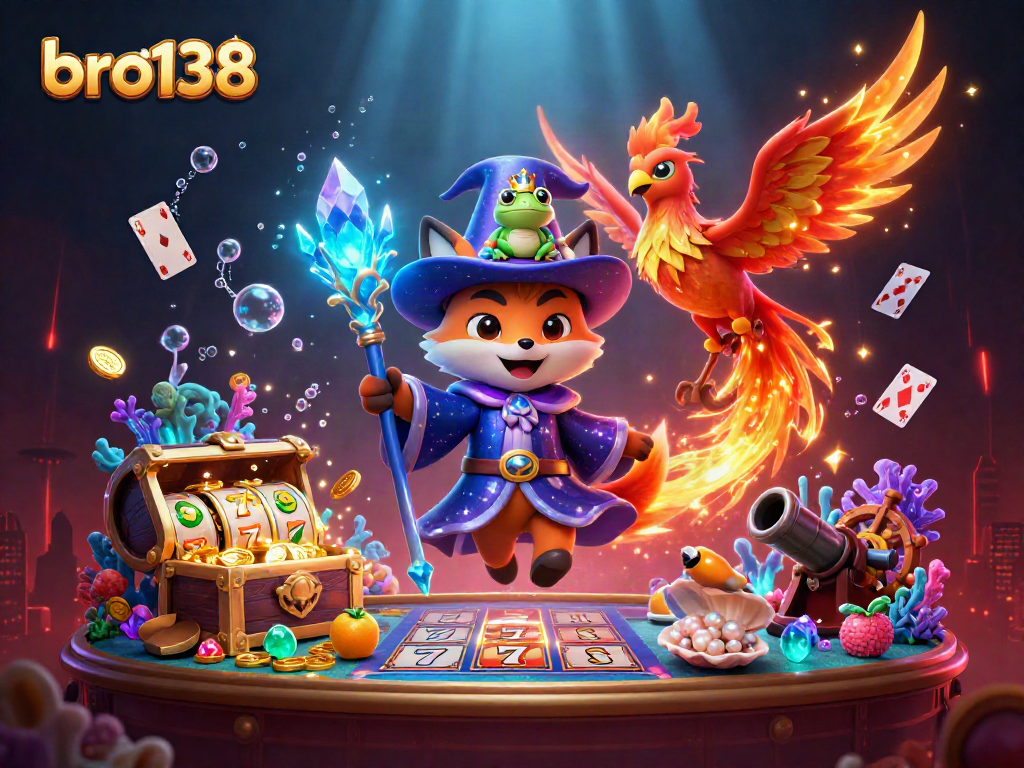 Experience the excitement of bro138 with a dynamic 3D casino illustration filled with magical elements and slot game features.