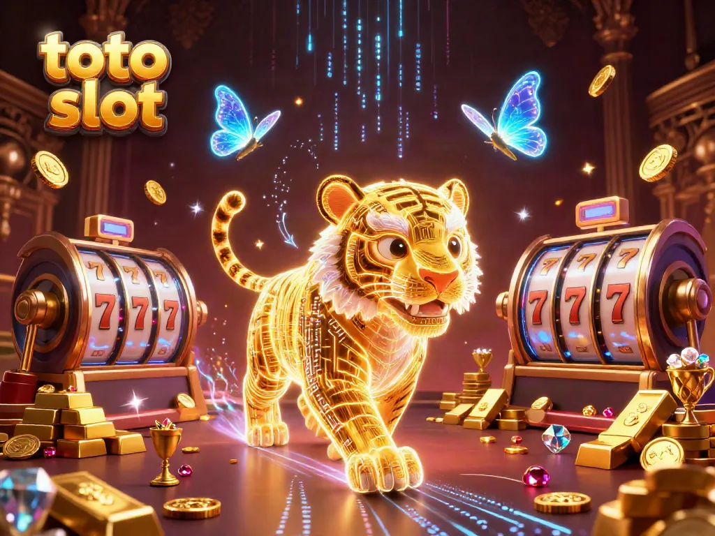 Experience the excitement of toto slot with a neon tiger and dazzling casino elements.