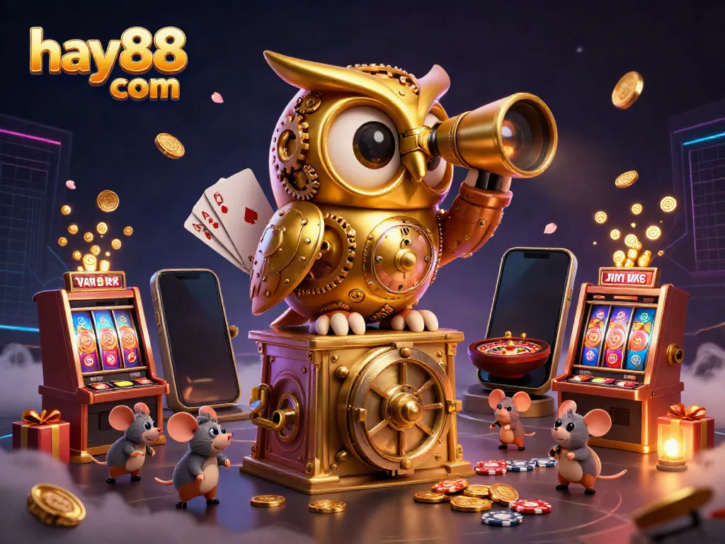 Experience unparalleled excitement at hay88 com, featuring a dynamic casino scene with a golden owl and vibrant game elements.