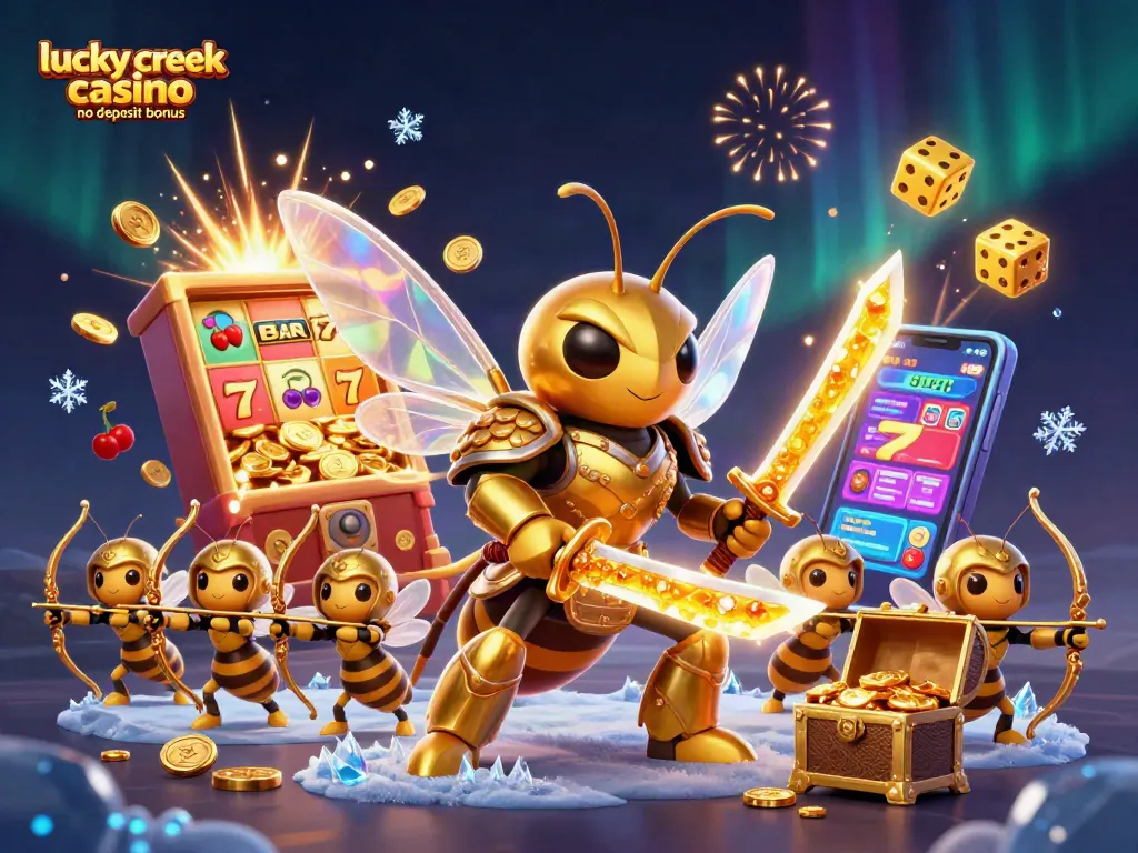 Engage with the lucky creek casino no deposit bonus in a vibrant 3D illustration of a golden hornet in samurai armor amidst casino elements.