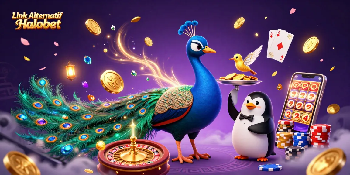 Engage with Link Alternatif Halobet through a vibrant casino scene featuring peacock and penguin
