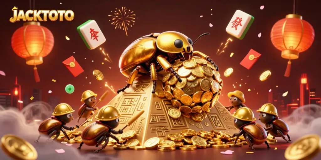 Engage in thrilling gameplay at JACKTOTO featuring a triumphant golden beetle in a vibrant casino scene.