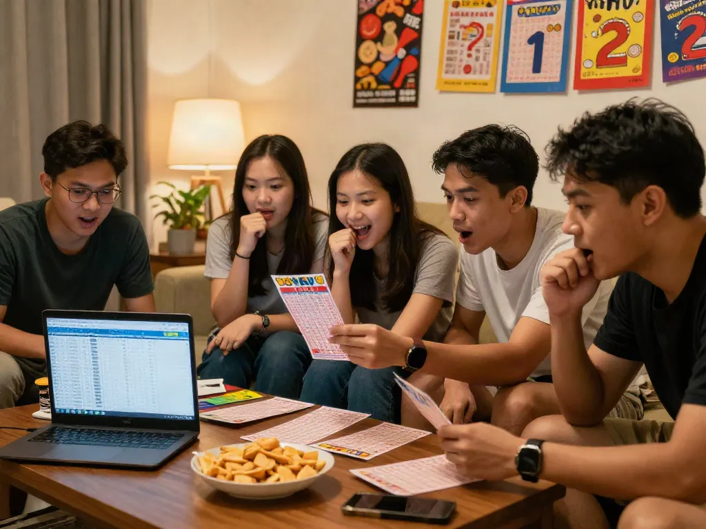 Nyonya4d lottery ticket excitement in a cozy living room with friends.