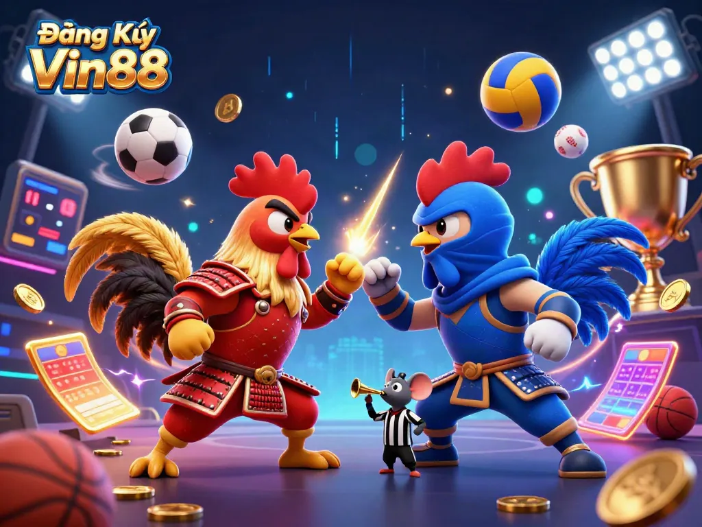 Engage in thrilling moments of Đăng Ký Vin88 with epic roosters facing off, reflecting dynamic gameplay.