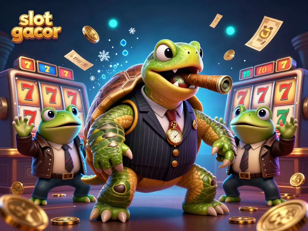 Experience the thrill of slot gacor with a dynamic illustration featuring a snapping turtle and bullfrog enforcers in a vibrant casino.