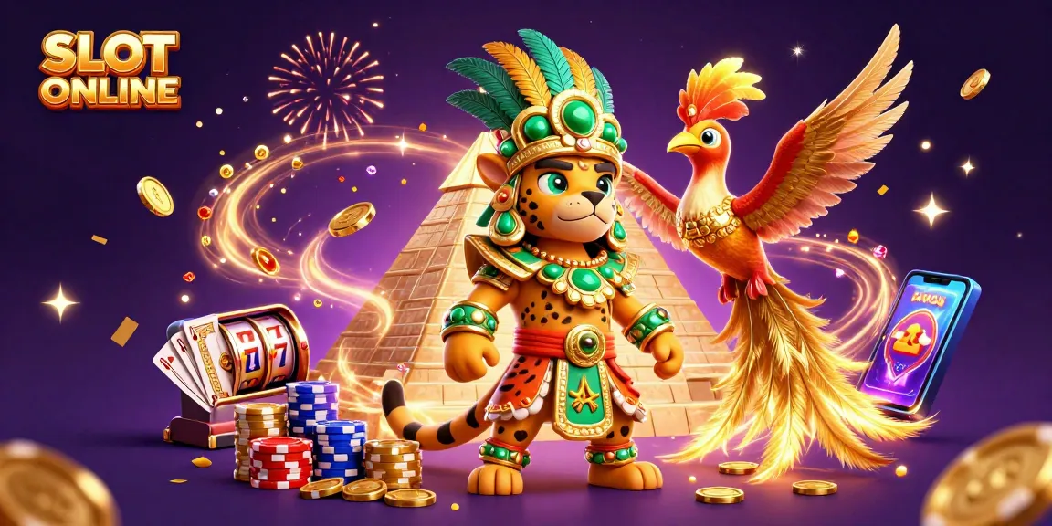 SLOT ONLINE brings excitement with dynamic 3D illustrations featuring jaguar priest, slot reels, and festive elements.