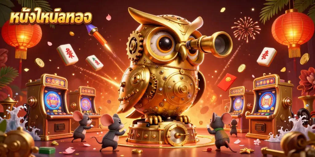 Action-packed illustration showcasing หนังใหม่ชนโรง in a vibrant casino scene with golden owl and lively mouse patrons.
