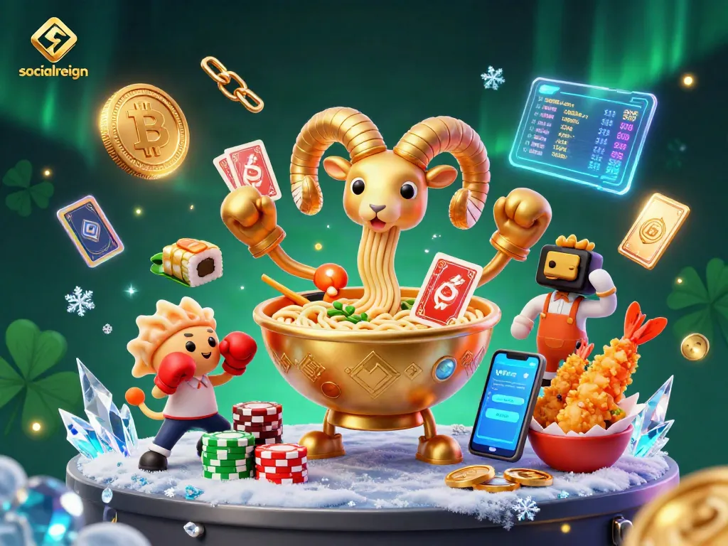 Engage in fun with socialreign's vibrant casino-themed 3D cartoon illustration featuring animated characters and crypto elements.