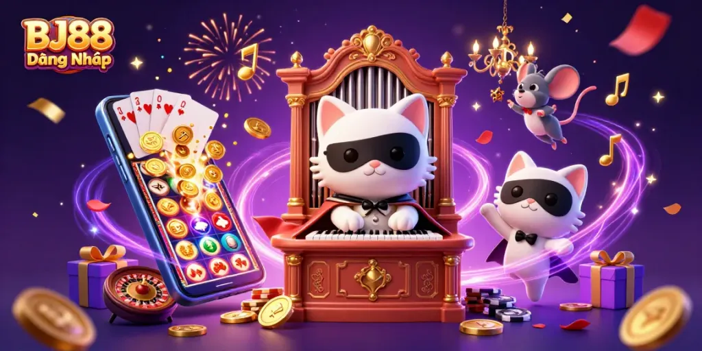 Experience the excitement of BJ88 Đăng Nhập with a vivid 3D casino scene bursting with games and fun.
