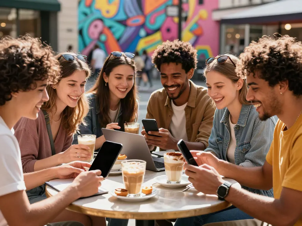 A lively urban scene with diverse young adults sharing moments at a café, highlighting the akunjp lifestyle.