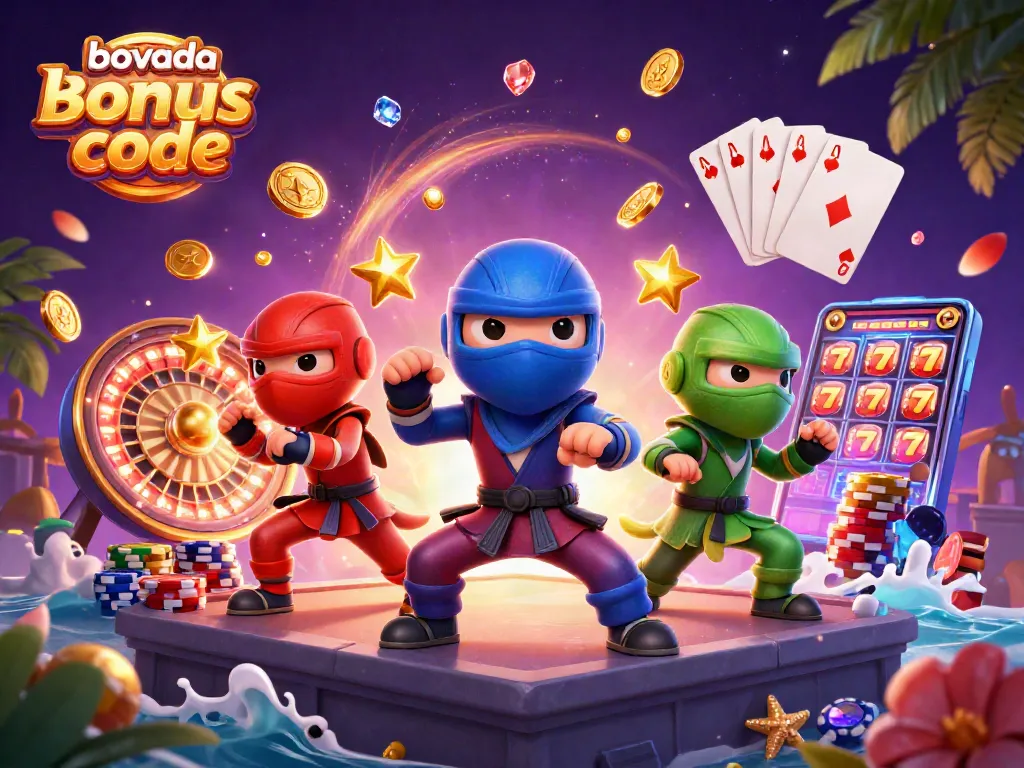 Action-packed scene with a "bovada bonus code" theme, featuring ninja chameleons and casino elements.