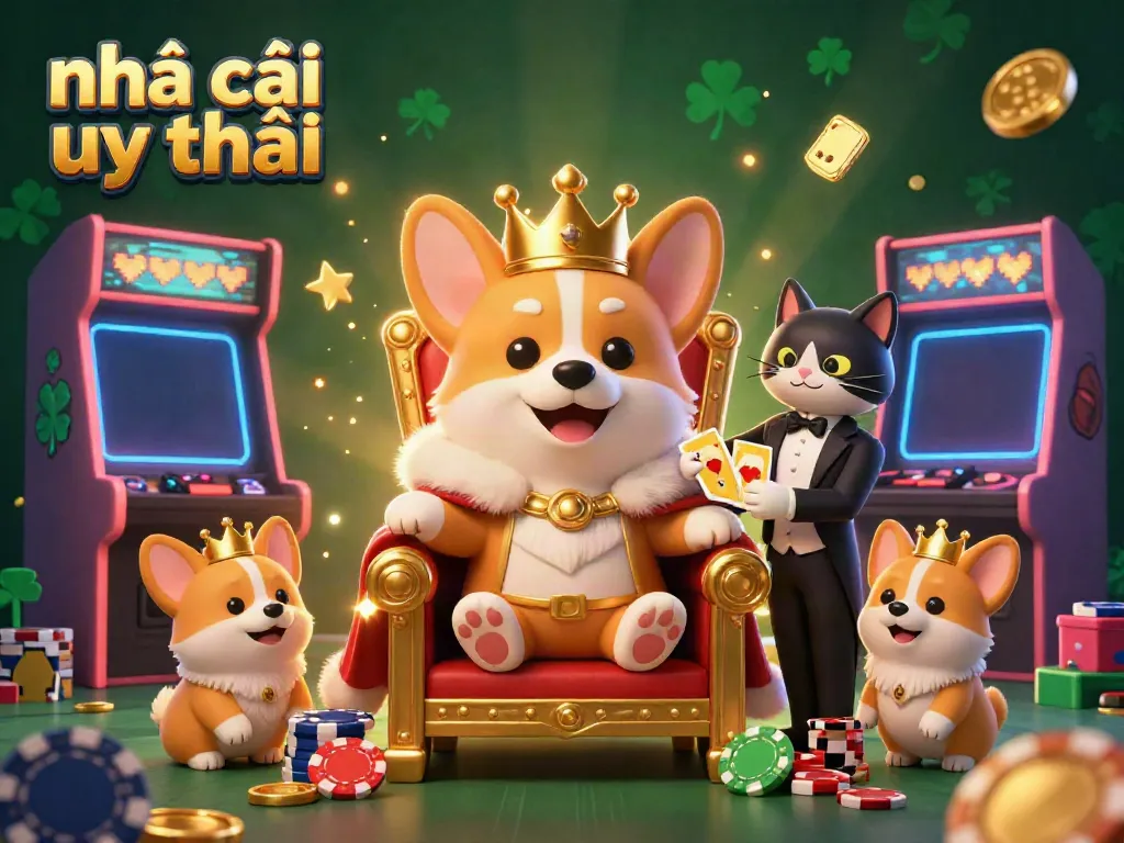 Engage with nhà cái uy tín through a vibrant 3D casino scene featuring a royal corgi on a throne.