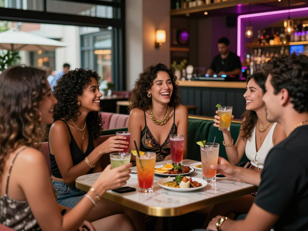 Gái gọi vui vẻ tại quán bar, phong cách thời trang hiện đại, không gian đêm sôi nổi.