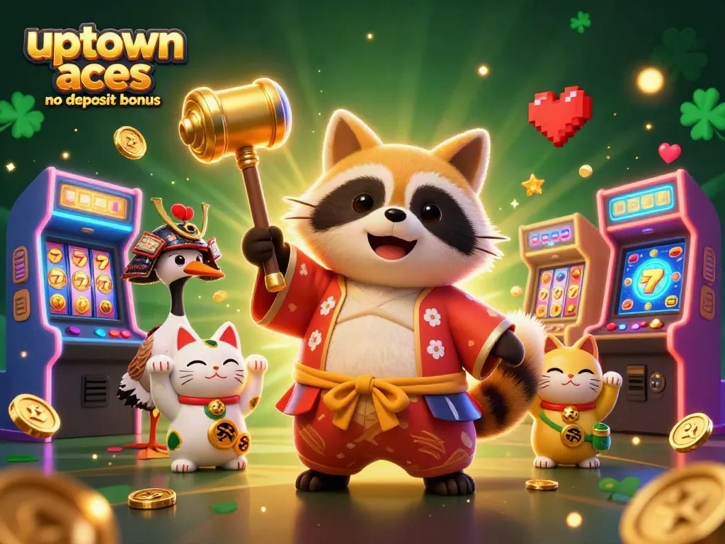 Experience the excitement of the uptown aces no deposit bonus with a lively 3D illustration featuring casino elements.
