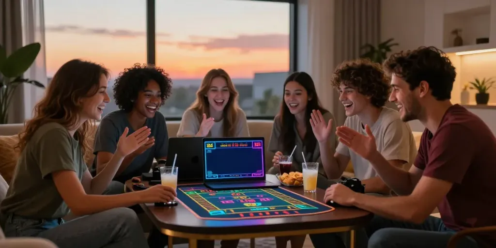 Akunjp gaming group enjoying an online casino experience with friends.