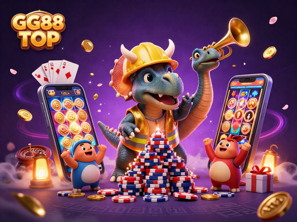 Engage with GG88 TOP at a vibrant online casino scene filled with animated characters and gaming elements.
