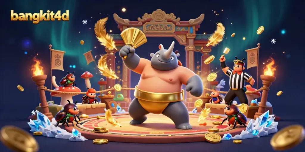 Gambarkan pengalaman bermain di bangkit4d dengan juara kejuaraan sumo kumbang rinoceros 3D yang kuat.