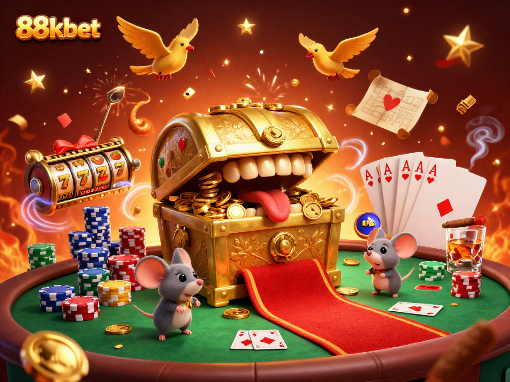 Experience the thrill of 88kbet with a vibrant 3D casino illustration showcasing grand winnings.