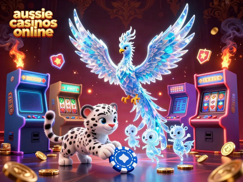 Experience the excitement of aussie casinos online with an ice phoenix and playful characters in a vibrant casino-themed scene.