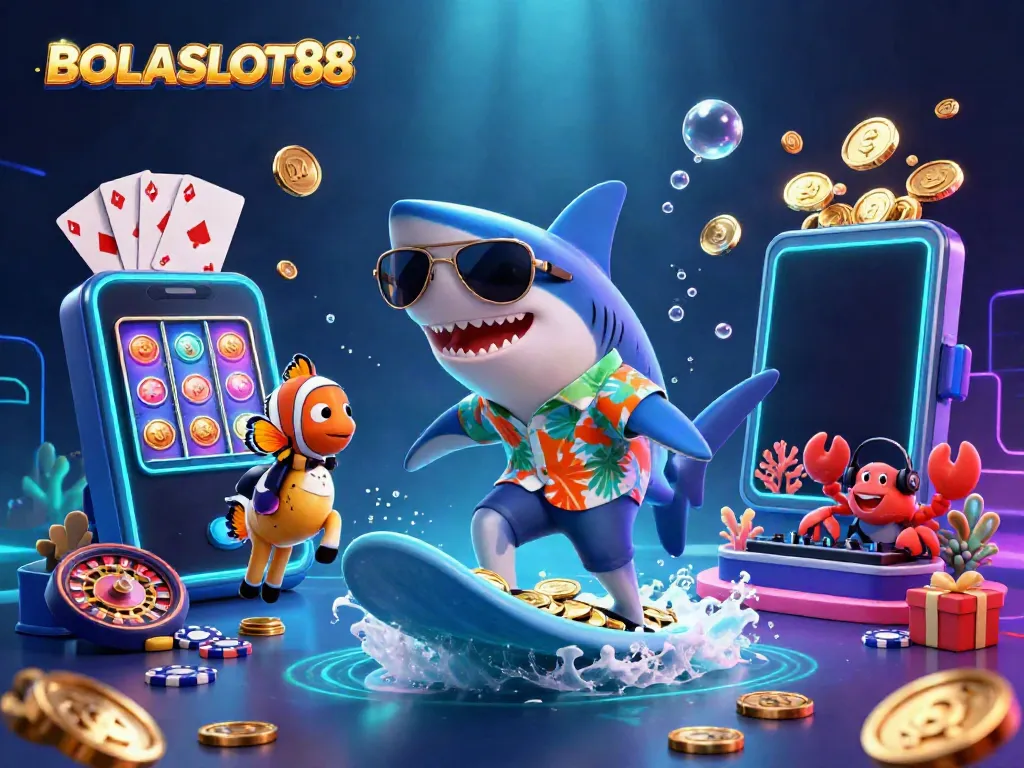 Experience the thrill of BOLASLOT88 with a vibrant 3D illustration showcasing gambling excitement.