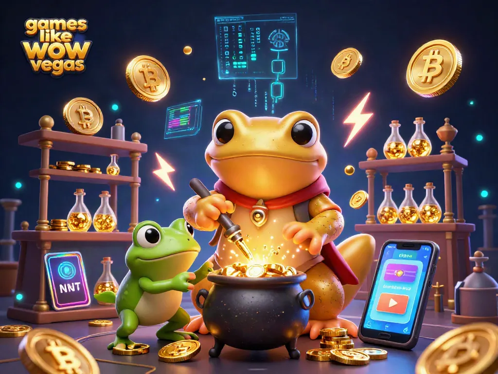 Play exciting games like wow vegas with alchemists and gold coins in this vibrant illustration.