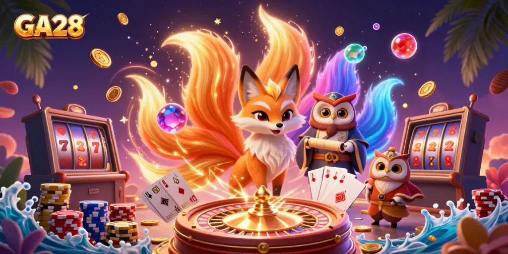 Experience thrilling wins at GA28 with a vibrant, magical casino scene featuring a nine-tailed fox spirit and wise owl.